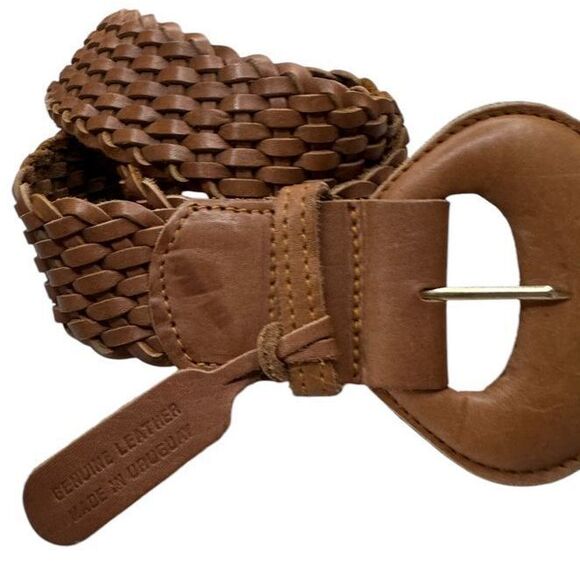 Sunbelt Accessories - Vtg 80s Sunbelt Sportwear Brown Woven Braided Leather Big‎ Puffy Buckle Belt S M